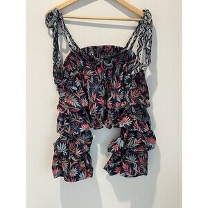 Tea & Cup Los Angeles‎ Womens Tropical Floral Crop Top With Puff Sleeves Size S